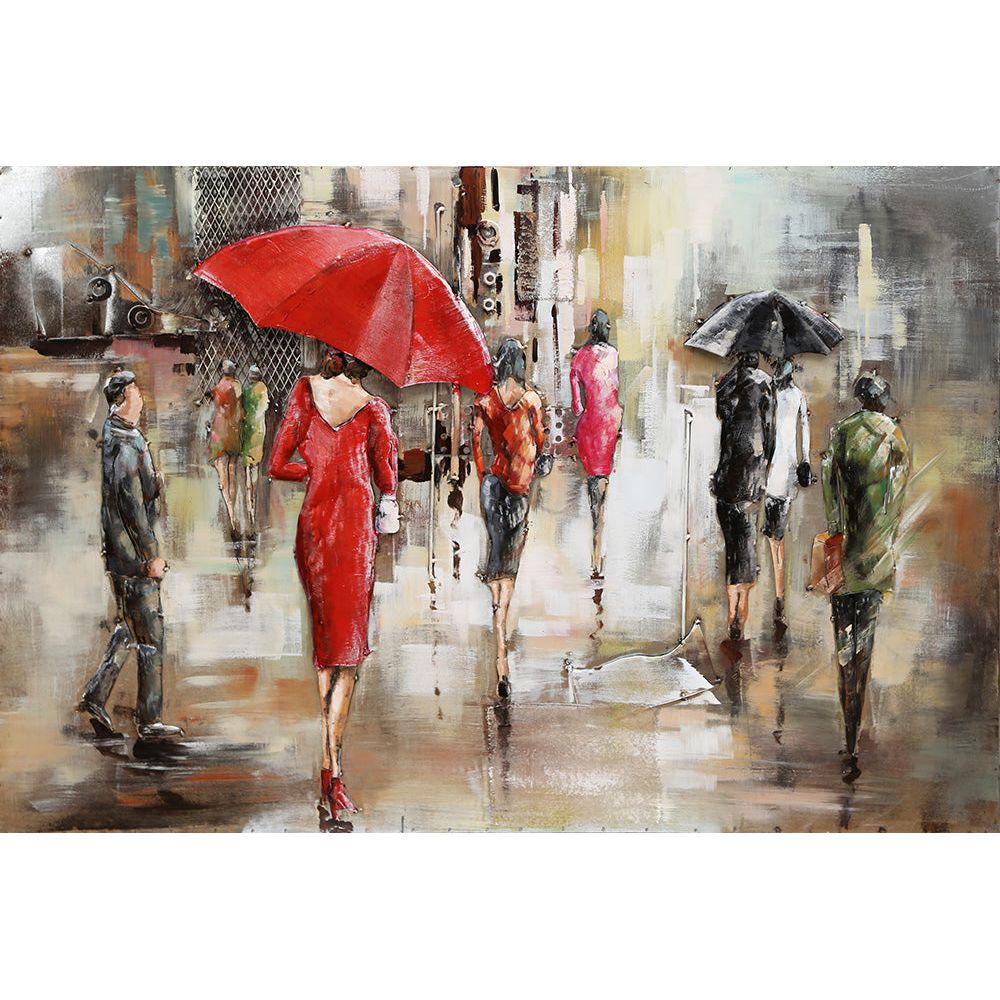 3D Metallbild Frau rotes Kleid und Regenschirm - Das Holländische Möbelhaus