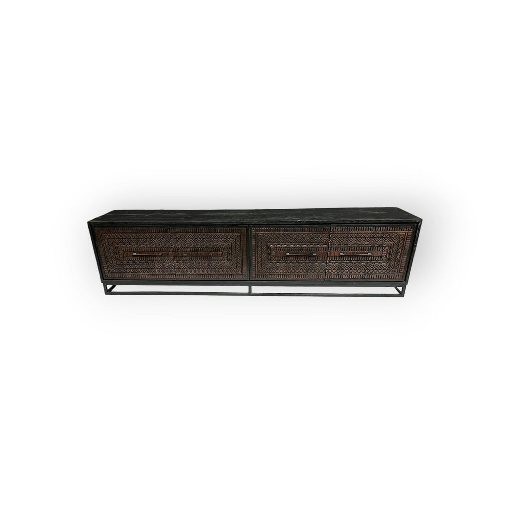 Teak TV Sideboard Intan schwarz quadratische Schnitzerei 220 cm - Das Holländische Möbelhaus