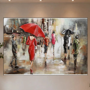 3D Metallbild Frau rotes Kleid und Regenschirm