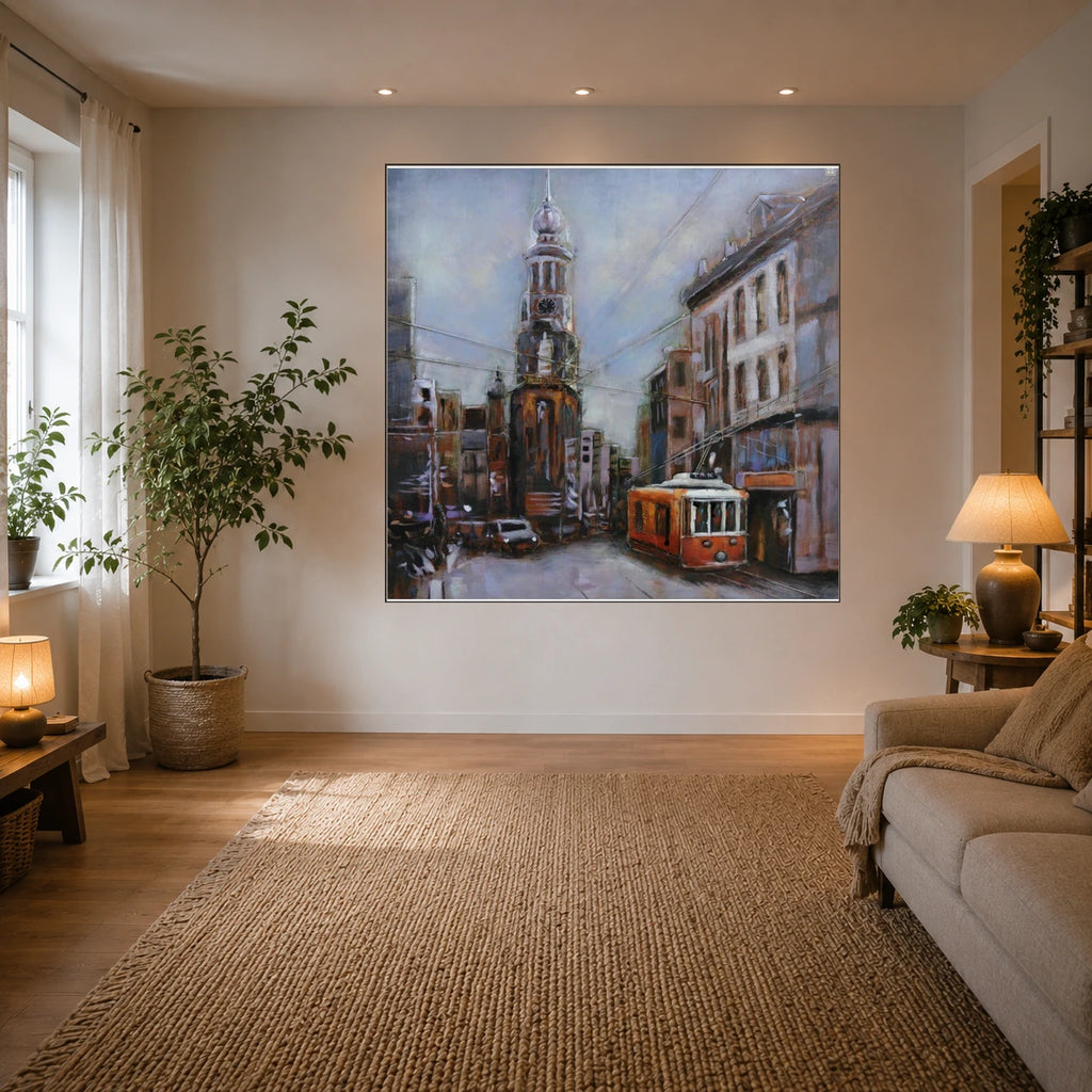 3D Metallbild Straßenbahn Stadt