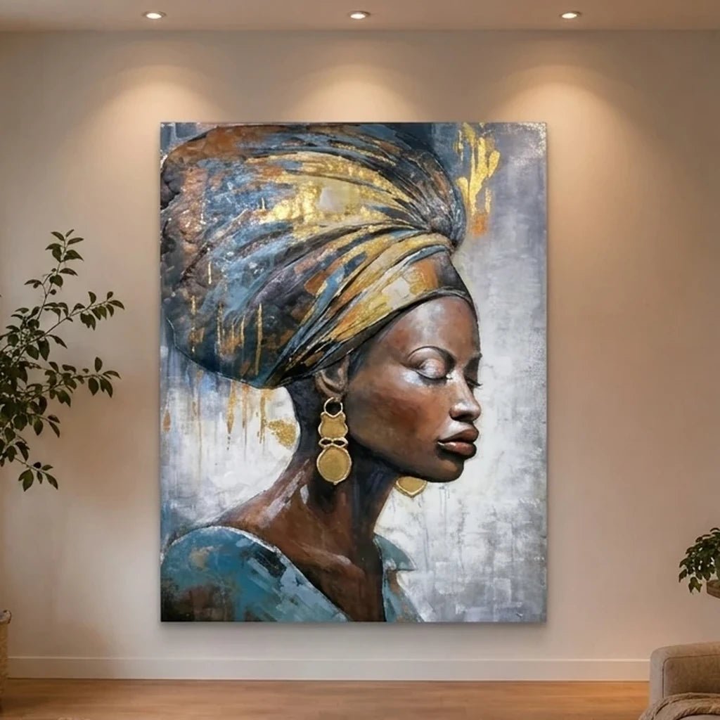 3D Metallbild Elegante Frau mit goldenem Kopftuch - Das Holländische Möbelhaus