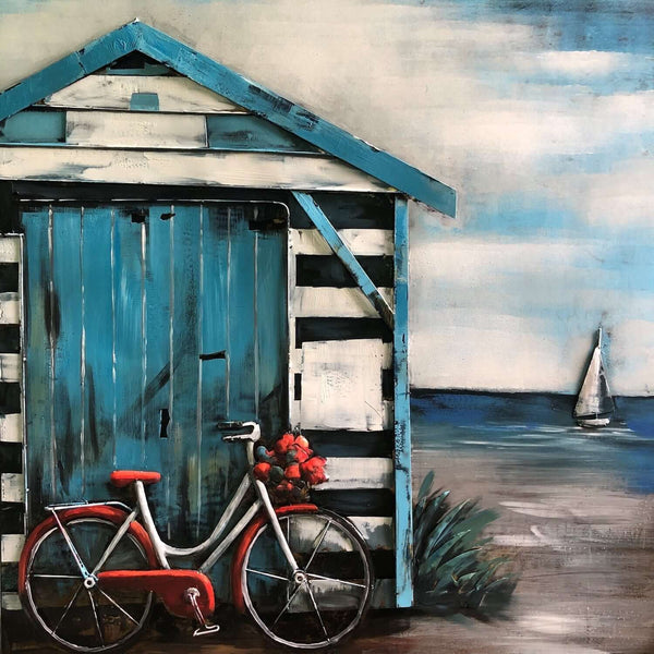 3D Metallbild Strandhütte und Fahrrad - Das Holländische Möbelhaus