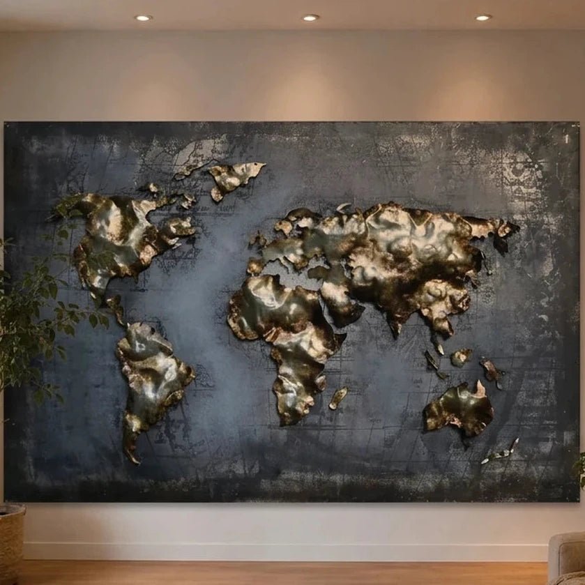 3D Metallbild Weltkarte Gold - Das Holländische Möbelhaus