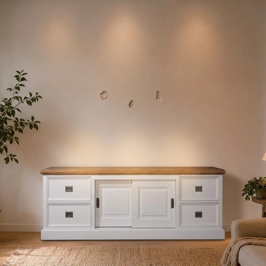 Landhausstil TV Sideboard Eyeglass Oak 2 Schiebetüren 4 Schübe - Das Holländische Möbelhaus