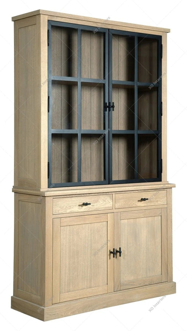 Landhausstil Vitrine Malmö Oak Metal 2x2 Türen 2 Schubladen - Das Holländische Möbelhaus