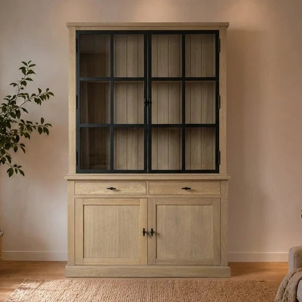 Landhausstil Vitrine Malmö Oak Metal 2x2 Türen 2 Schubladen - Das Holländische Möbelhaus