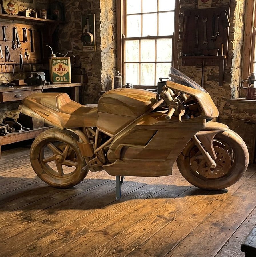 Teak Motorrad Skulptur in Originalgröße, handgefertigtes Unikat - Das Holländische Möbelhaus
