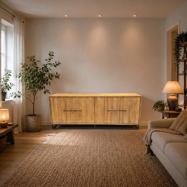 Teak Sideboard Intan Petok natur quadratische Schnitzerei 220 cm - Das Holländische Möbelhaus
