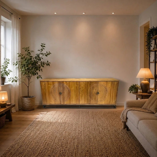 Teak Sideboard Intan Petok natur runde Schnitzerei 220 cm - Das Holländische Möbelhaus