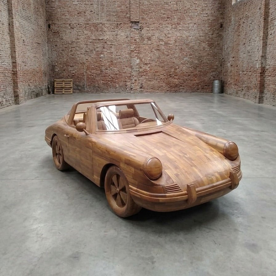 Teak Sportwagen Skulptur in Originalgröße, handgefertigtes Unikat - Das Holländische Möbelhaus
