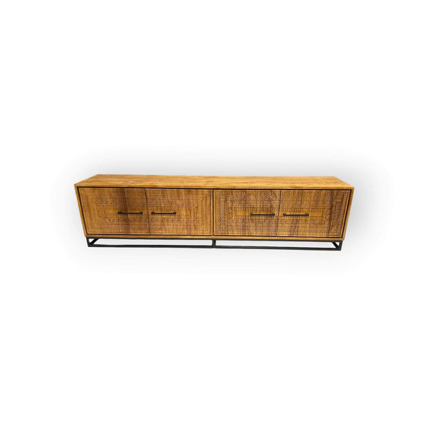 Teak TV Sideboard Intan natur quadratische Schnitzerei 220 cm - Das Holländische Möbelhaus