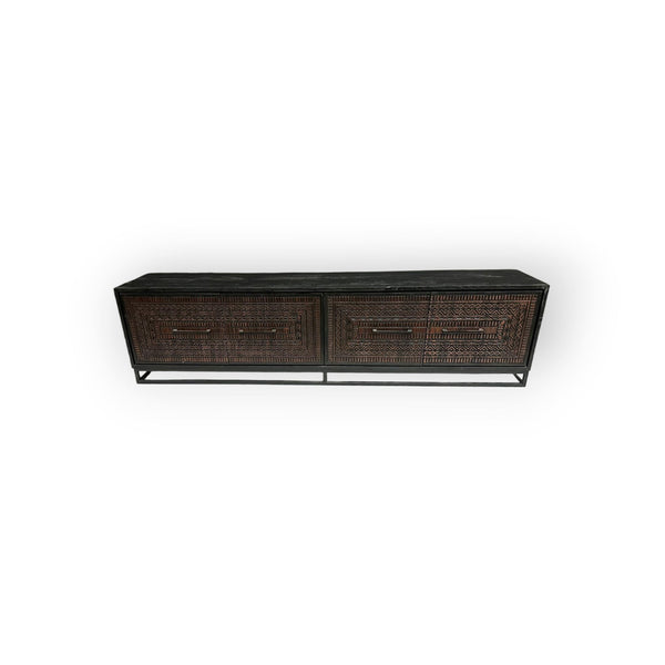 Teak TV Sideboard Intan schwarz quadratische Schnitzerei 220 cm - Das Holländische Möbelhaus